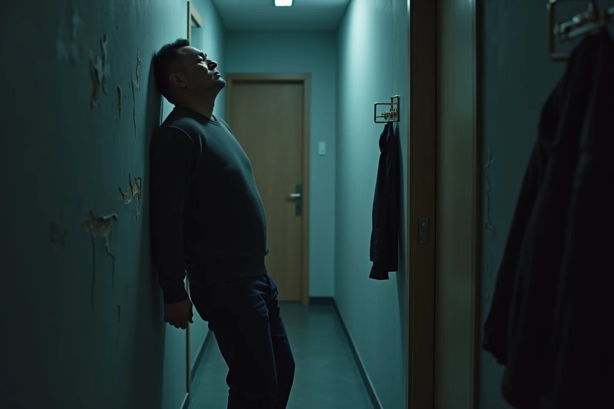 Homme épuisé adossé au mur d'un couloir sombre, illustrant la phase d'effondrement lors d'un stress prolongé