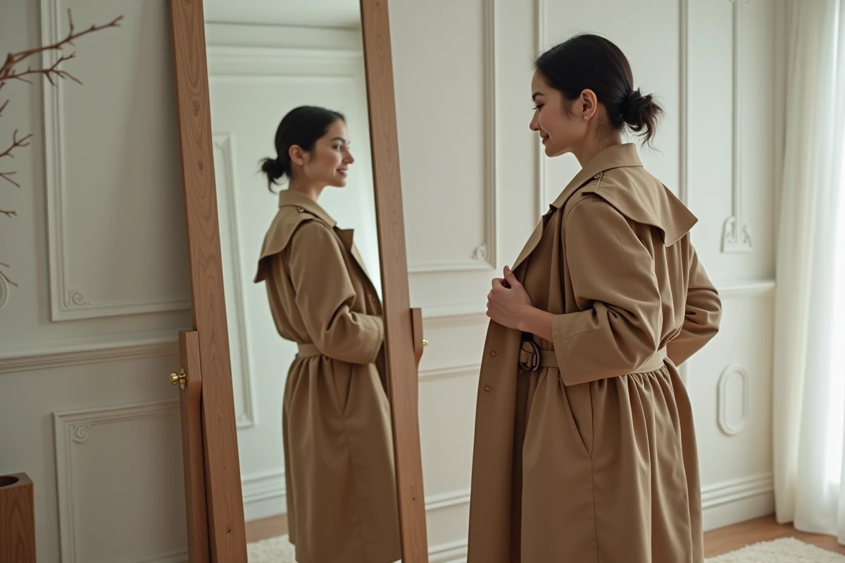 Femme tenant un trench-coat camel devant un miroir en pied dans un dressing personnel, soulignant le manteau comme pièce incontournable d'une garde-robe féminine
