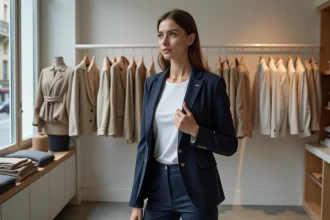 Femme ajustant le revers de son blazer marine dans une boutique parisienne minimaliste, illustrant l'importance d'une veste bien taillée dans une tenue