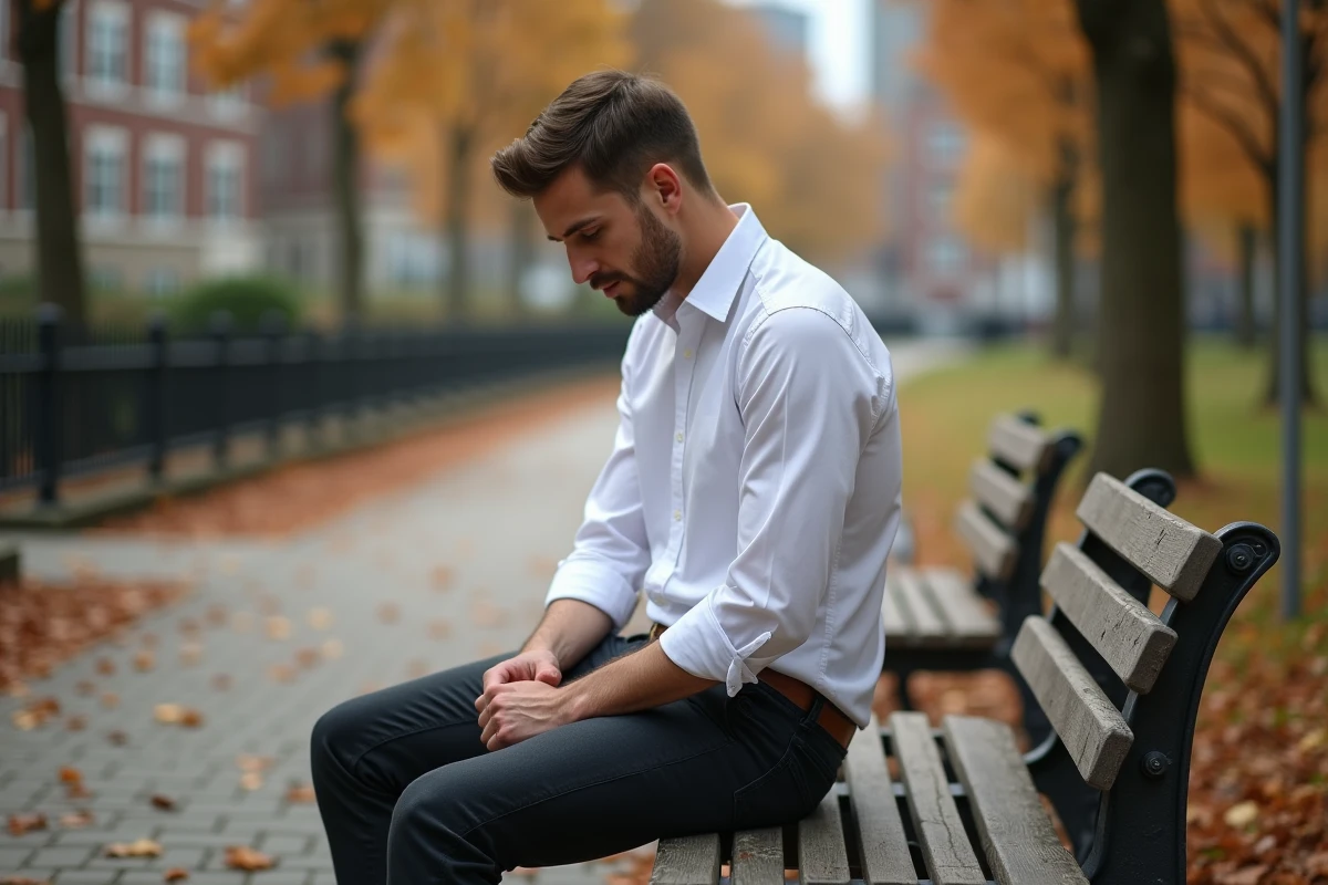 Homme en chemise Oxford blanche bien ajustée assis sur un banc de parc urbain en automne, représentant la chemise comme pièce centrale d'une tenue masculine
