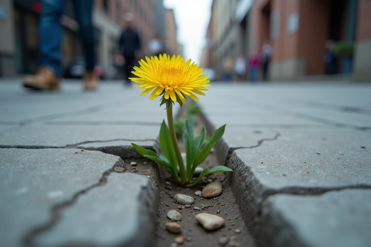 Pissenlit jaune poussant à travers une fissure dans le béton urbain, symbole de résilience et de persévérance