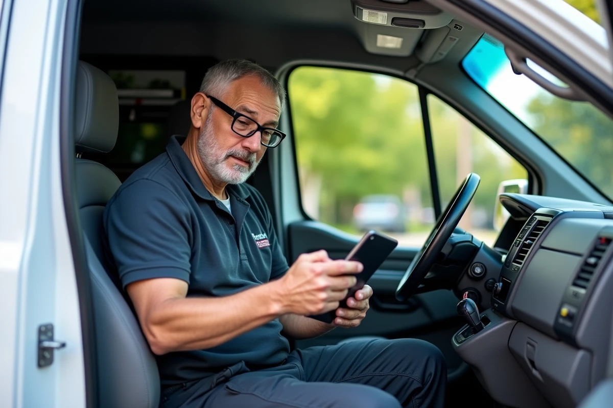 Plombier senior consultant une fiche de mission sur tablette dans sa camionnette de service