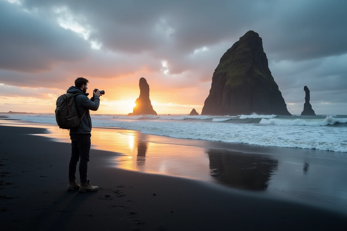 Voyageur solitaire debout sur une plage de sable noir en Islande face à des colonnes de basalte volcanique sous un ciel dramatique
