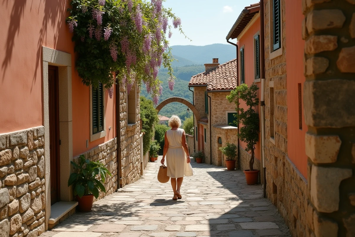 Femme marchant dans une ruelle pavée d'un village médiéval italien avec des glycines en fleurs et des toits en tuiles de terre cuite