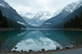 Paysage montagneux de Nouvelle-Zélande avec lac glaciaire reflétant des sommets enneigés, forêts de fougères en premier plan