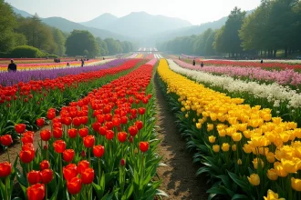 Vue aérienne du plus grand jardin de fleurs naturelles du monde avec des rangées colorées de tulipes et de roses sur 72 000 mètres carrés