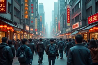 Rue animée d'une grande ville chinoise avec une foule dense de piétons illustrant les défis démographiques et urbains de la population chinoise