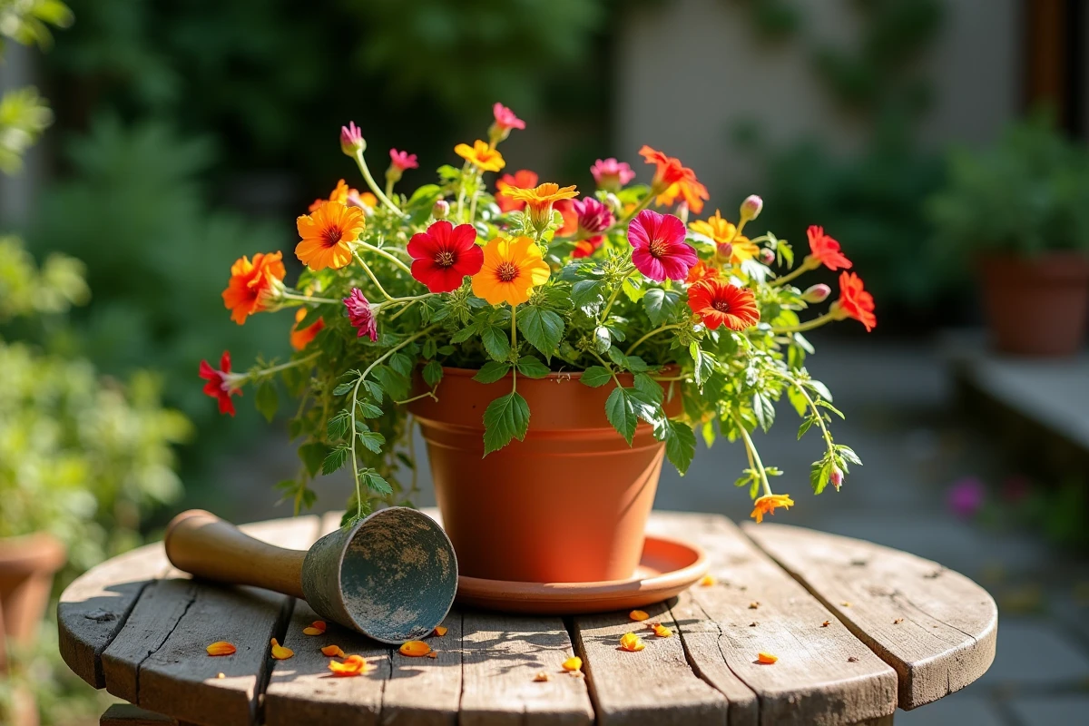 Arrangement de pots en terre cuite avec géraniums et herbes aromatiques sur une table de jardin en bois rustique