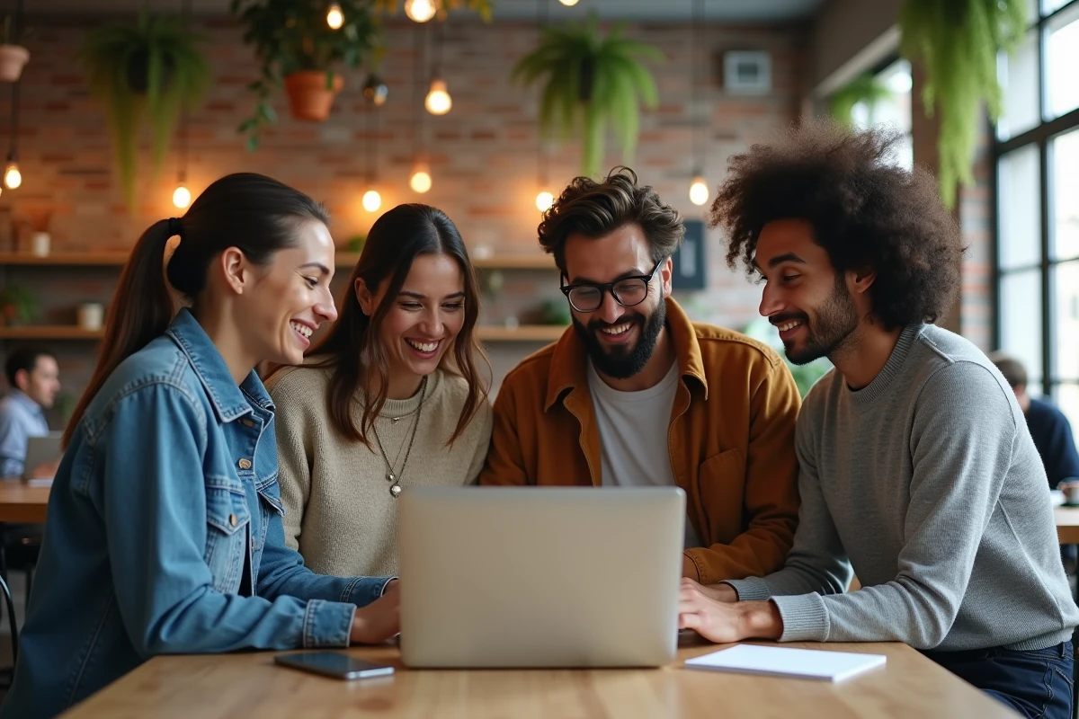 Groupe de professionnels collaborant autour d'un ordinateur portable dans un espace de coworking illustrant le pouvoir collectif et la prise de décision partagée