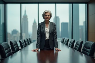 Femme d'affaires en blazer anthracite représentant le pouvoir décisionnel dans une salle de réunion moderne avec vue sur la ville