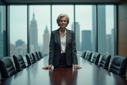 Femme d'affaires en blazer anthracite représentant le pouvoir décisionnel dans une salle de réunion moderne avec vue sur la ville