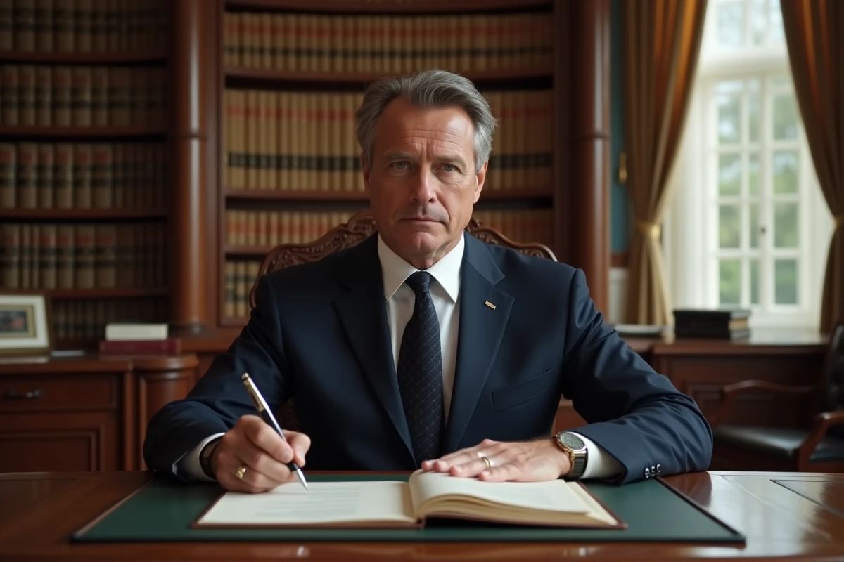 Homme en costume marine signant des documents officiels dans un bureau institutionnel symbolisant l'autorité et le pouvoir politique