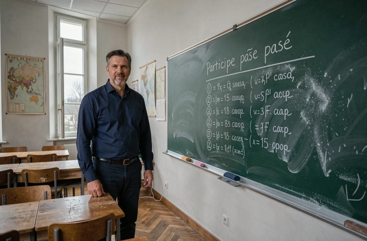 Professeur de français devant un tableau noir avec les règles d'accord du participe passé écrites à la craie