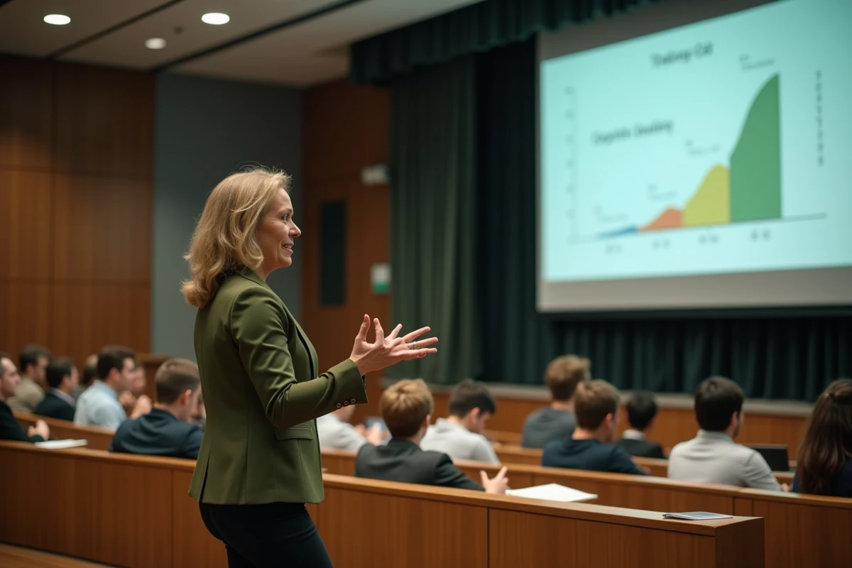 Professeure d'économie expliquant les trois sources de la croissance économique à des étudiants dans un amphithéâtre universitaire