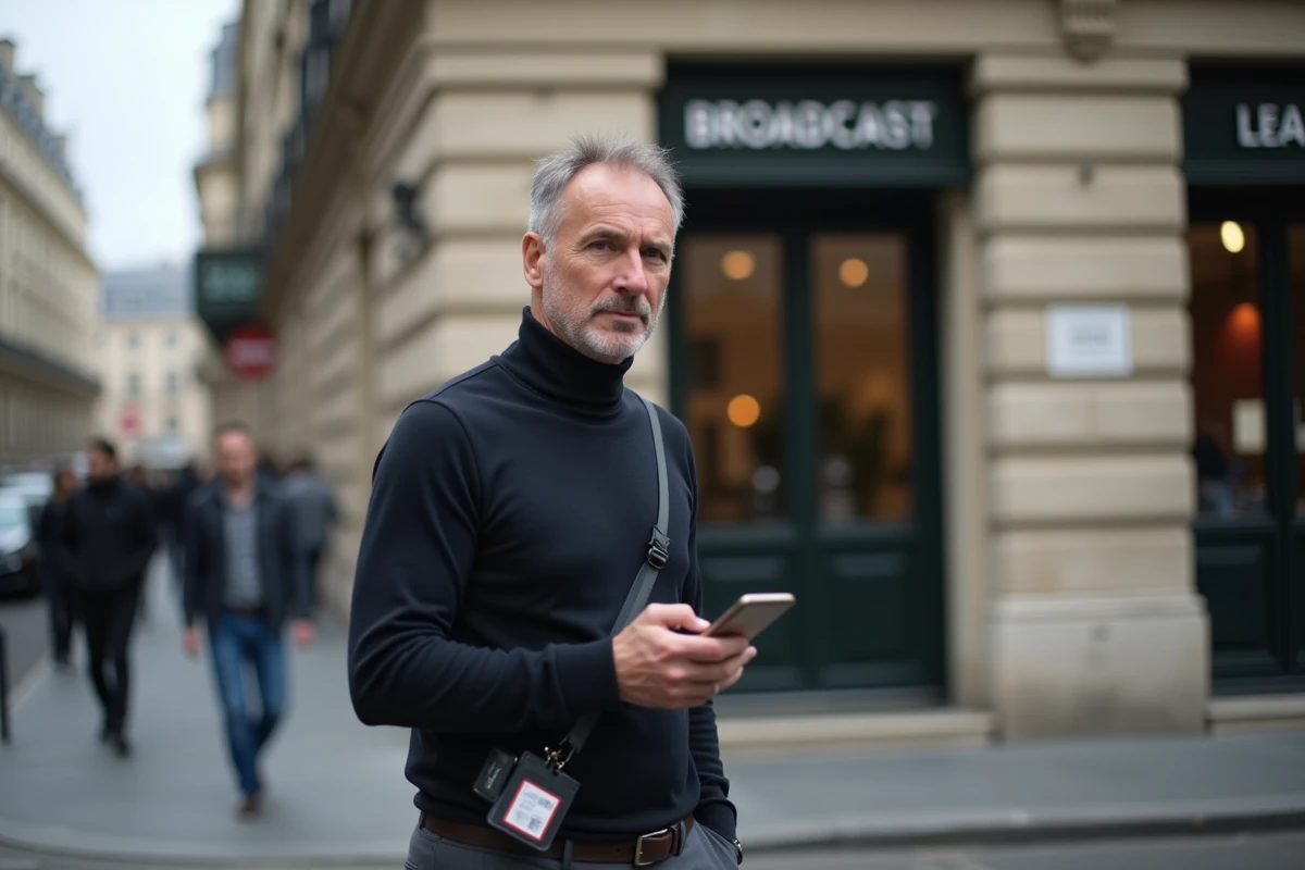Professionnel des médias devant un bâtiment de radiodiffusion parisien, évoquant la carrière et la notoriété d'Anthony Bellanger