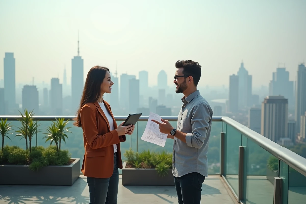Deux professionnels discutant de technologies durables sur le toit d'un bâtiment connecté en ville