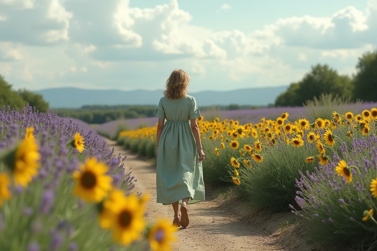 Femme se promenant dans un immense jardin de fleurs naturelles parmi des rangées de lavande et de tournesols en fleurs