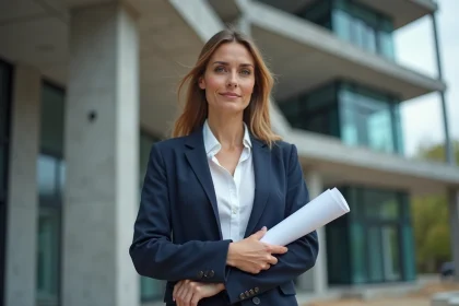 Promotrice immobilière en blazer marine tenant un plan architectural devant un chantier de construction moderne