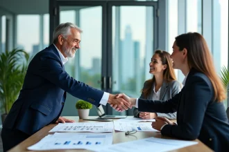 Promoteur immobilier fiable serrant la main de clients dans un bureau moderne avec des plans architecturaux sur la table