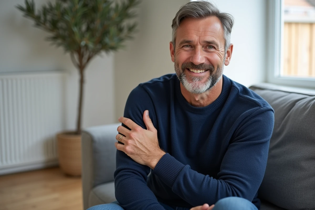 Homme portant un pull tricoté en mélange coton-mérinos sans bouloche dans un salon scandinave moderne