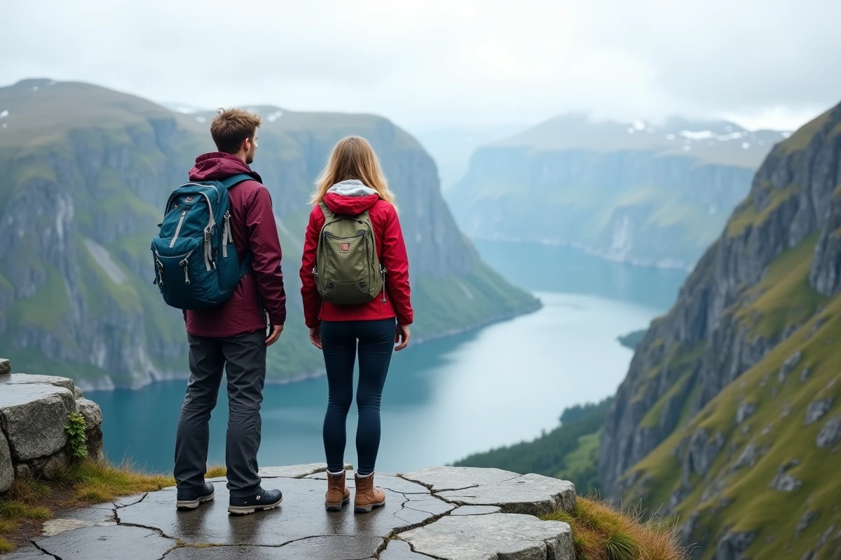 Deux randonneurs debout sur le rocher Preikestolen contemplant le Lysefjord en Norvège lors d'une randonnée en montagne