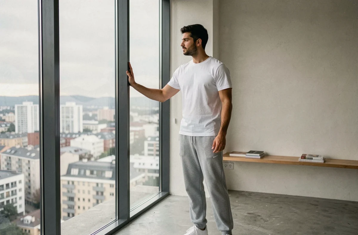 Rappeur contemplatif à la fenêtre de son appartement minimaliste, entre public et vie privée