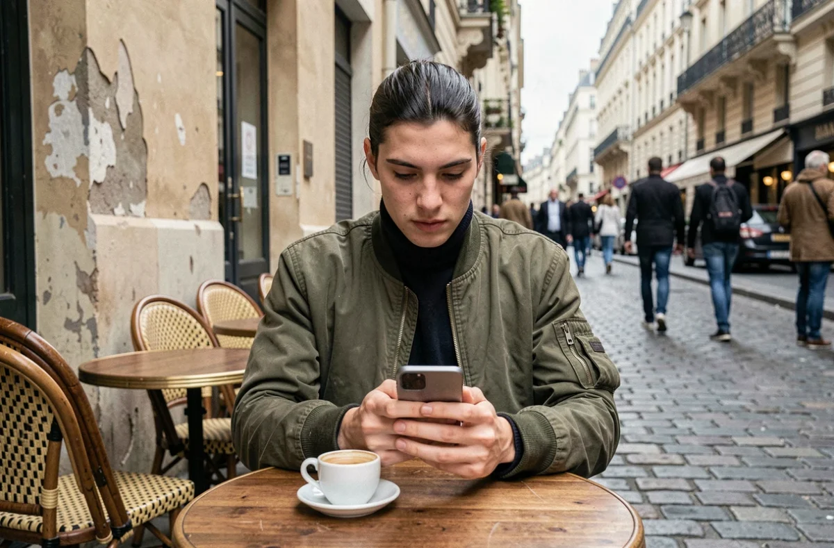 Rappeur anonyme en terrasse de café parisien, loin de son image publique