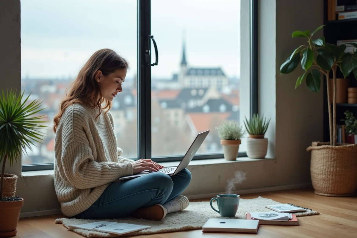 Femme en appartement scandinave recherchant le meilleur endroit où vivre en 2026 entourée de guides et carnets