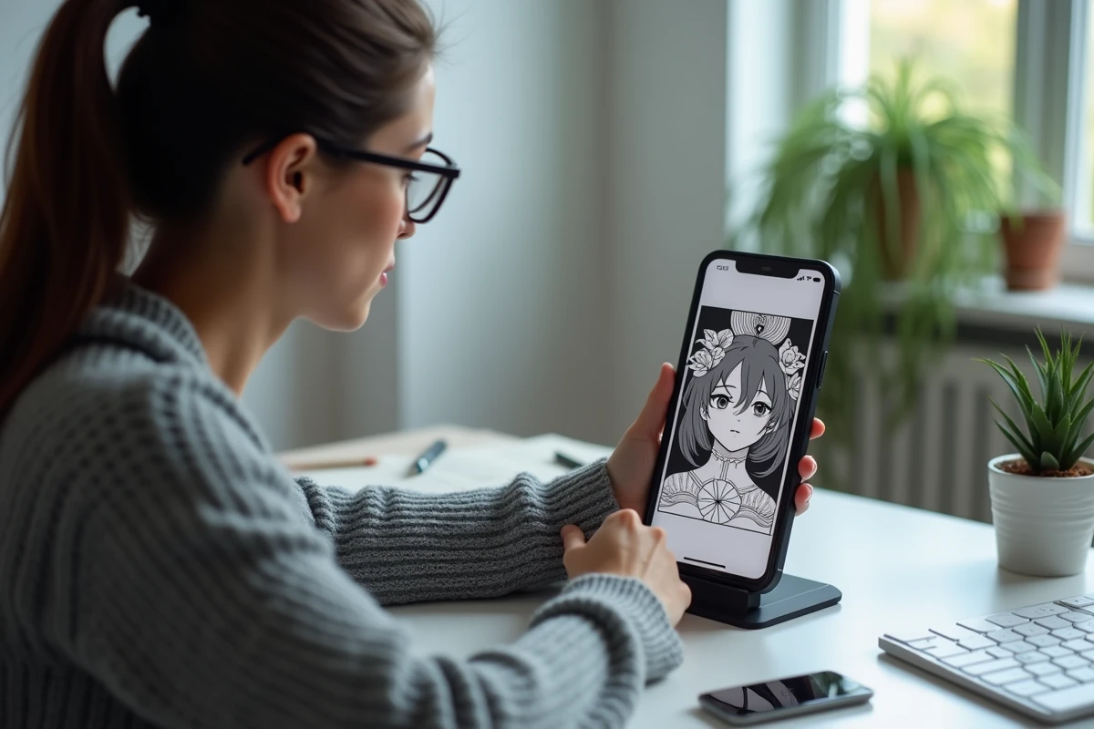 Jeune femme avec lunettes consultant les réglages d'affichage d'un scantrad manga sur smartphone à son bureau