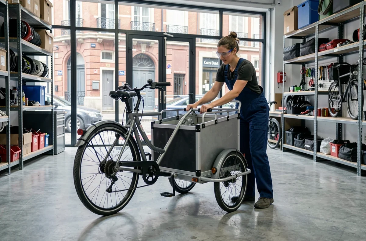 Mécanicienne ajustant les freins d'un vélo cargo dans l'atelier Reine Cargo à Bordeaux