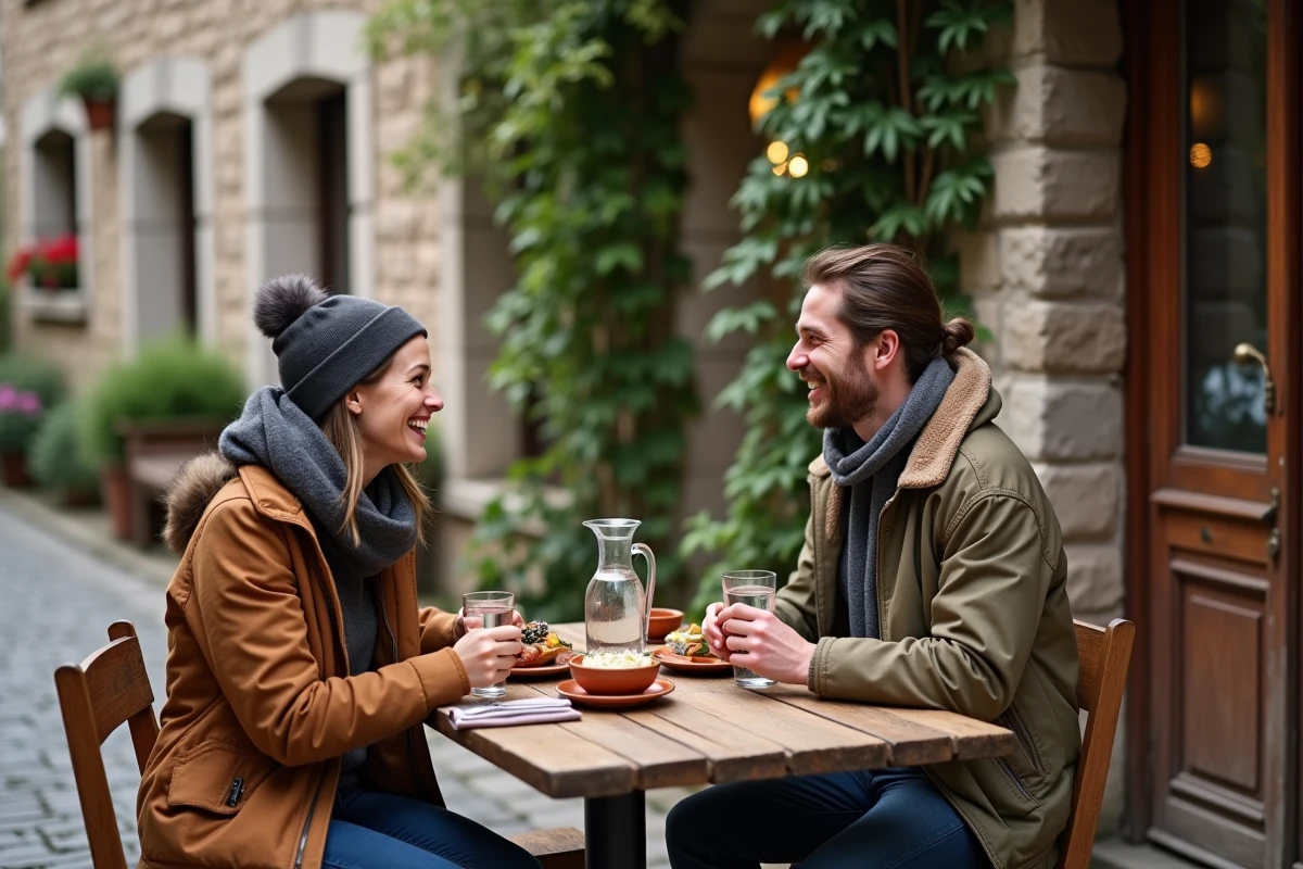 Deux amis savourant un repas traditionnel lorrain en terrasse à Sarralbe, gastronomie locale et convivialité authentique