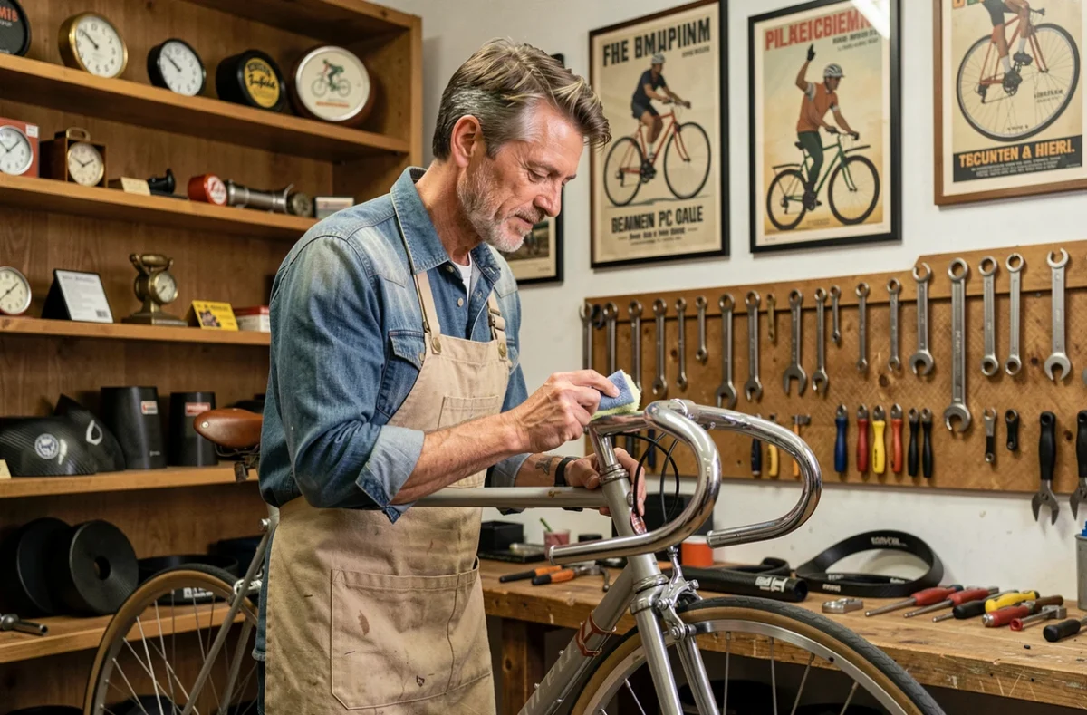 Mécanicien réparant un vélo vintage en acier chromé dans l'atelier Retro Bicicletta à Bordeaux