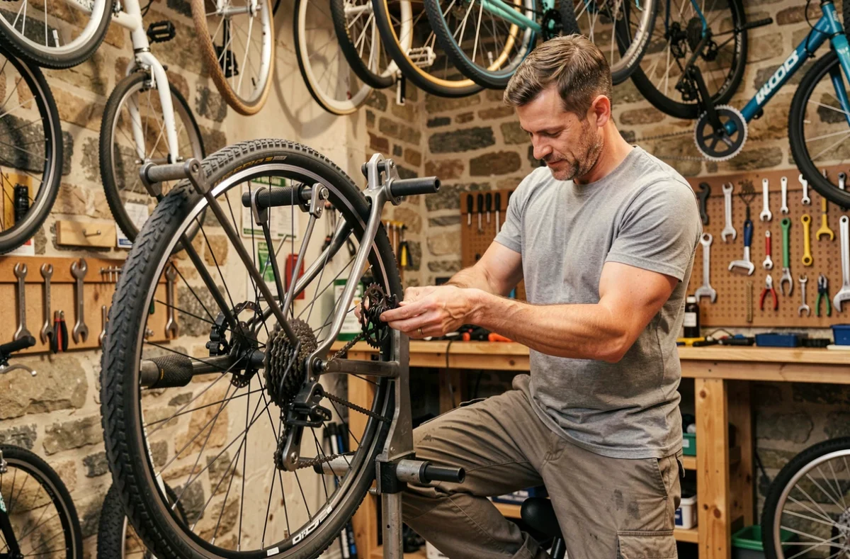 Mécanicien remplaçant un dérailleur sur un vélo de ville dans l'atelier généraliste Rétropédalage à Bordeaux