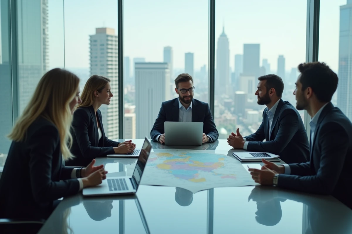 Groupe de professionnels en réunion d'entreprise autour d'une table de conférence avec carte du monde, évoquant la puissance des multinationales les plus influentes
