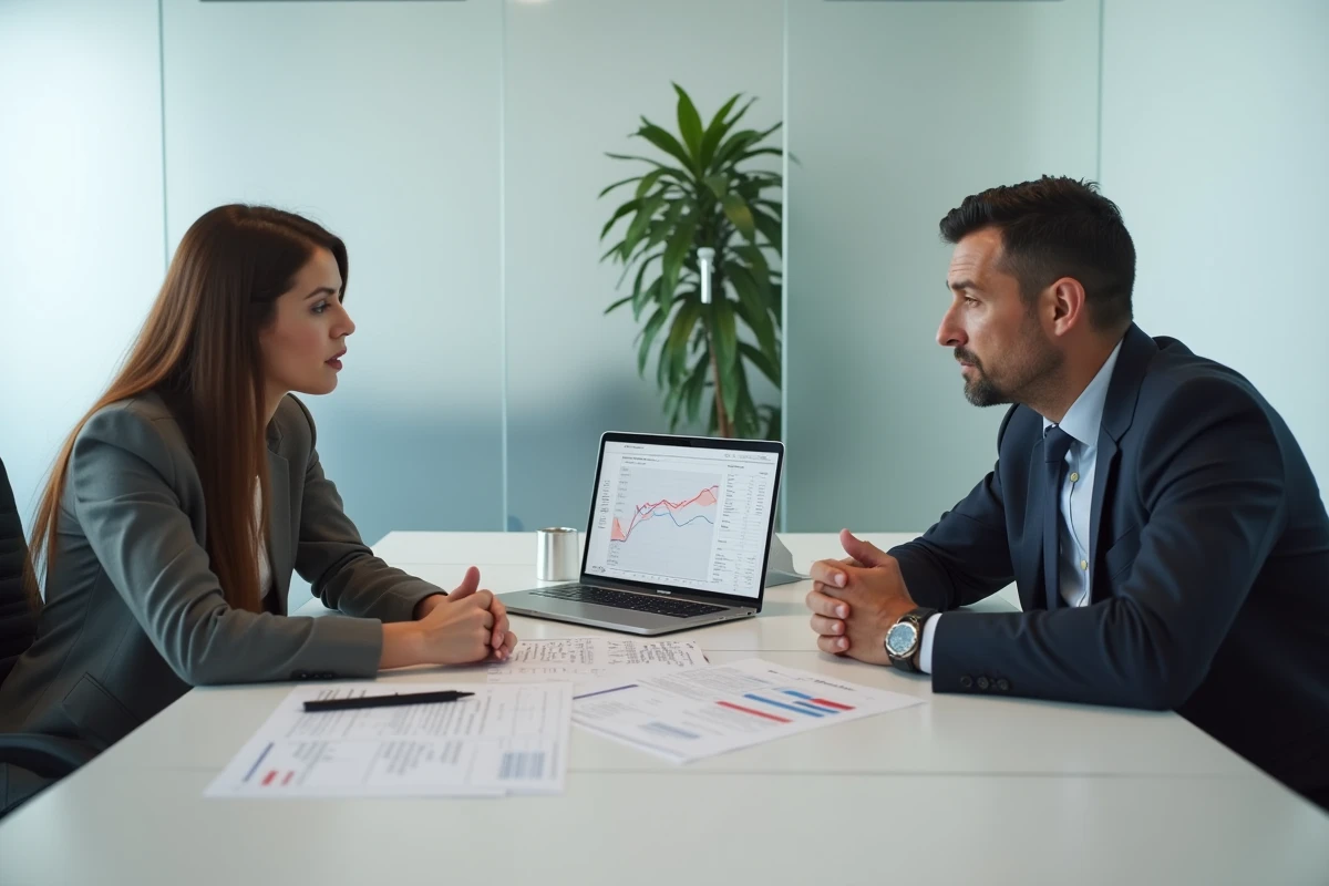 Deux adultes en réunion juridique discutant du partage de biens et du calcul du droit de partage autour d'une table de conférence moderne