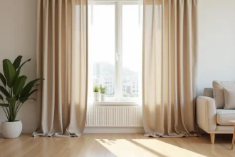 Rideaux en lin beige sable style scandinave dans un salon minimaliste avec parquet en chêne clair, tendance décoration 2026
