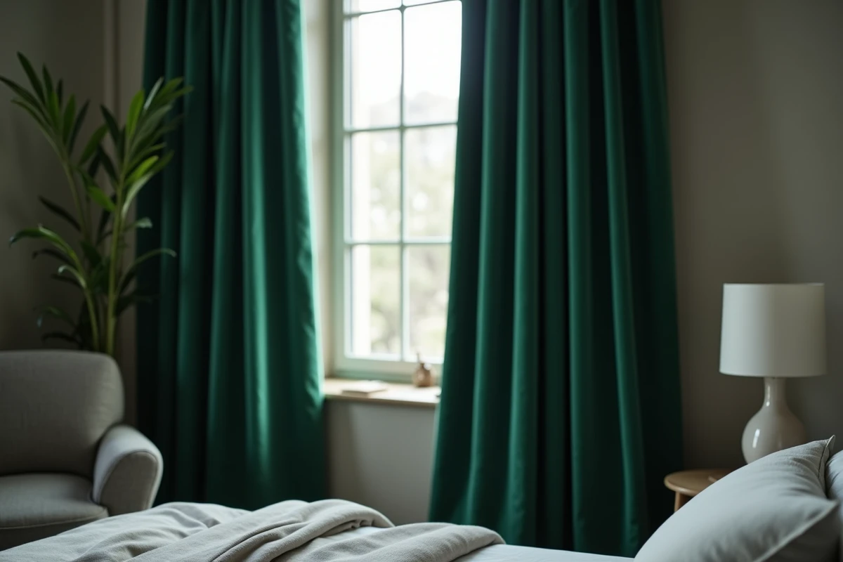Rideaux en velours vert forêt tombant au sol dans une chambre moderne et cosy, tendance déco intérieure 2026
