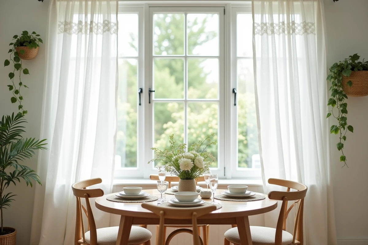 Rideaux voile blanc brodé géométrique dans une salle à manger lumineuse avec vue sur jardin, tendance rideaux 2026