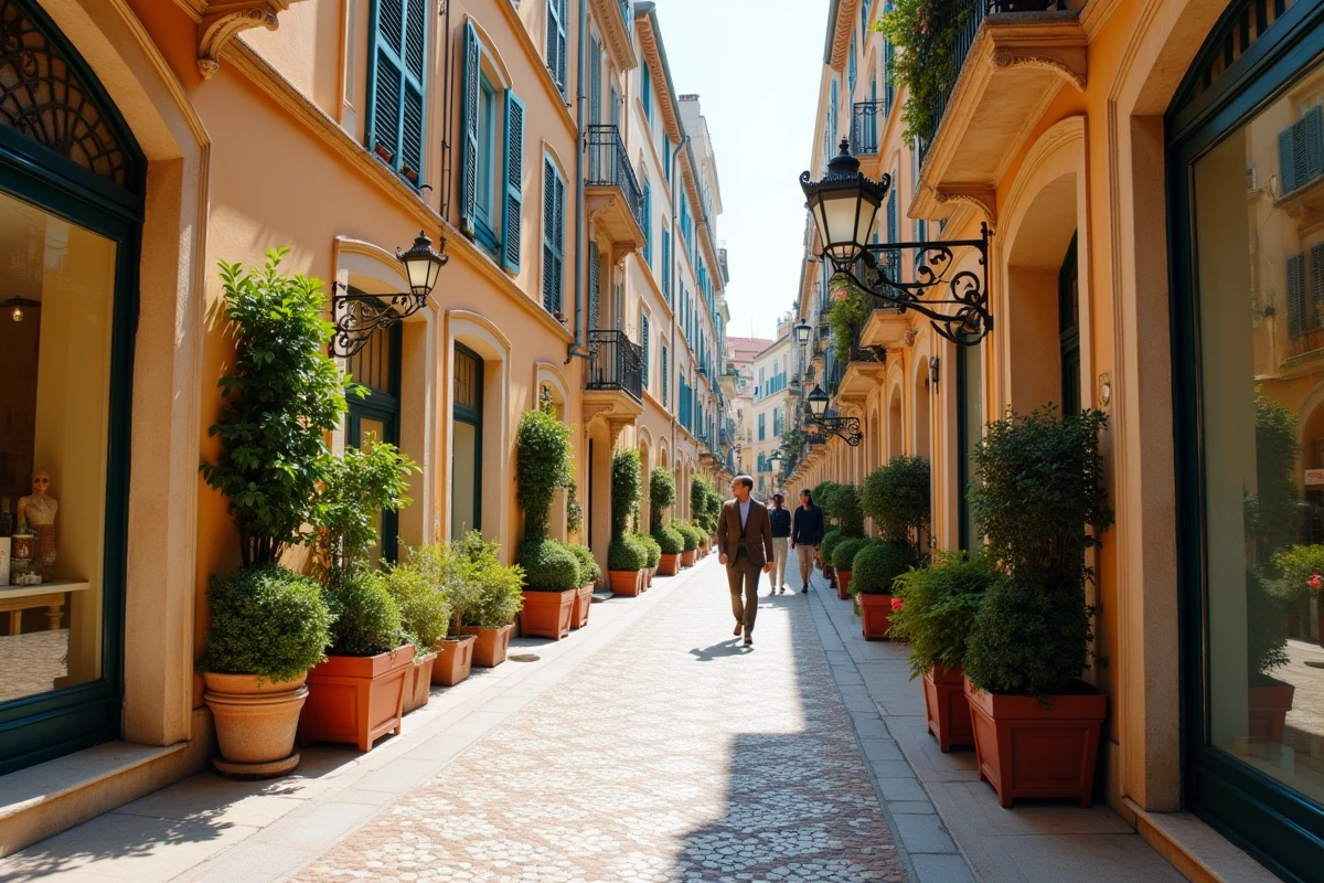 Rue commerçante élégante dans une ville côtière française chère avec boutiques de luxe et architecture méditerranéenne