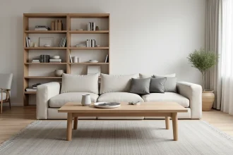 Salon scandinave minimaliste avec table basse en chêne massif et bibliothèque en frêne, illustrant la qualité artisanale des meubles nordiques