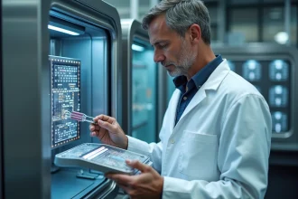 Scientifique examinant un processeur quantique dans un laboratoire de recherche moderne avec chambre cryogénique