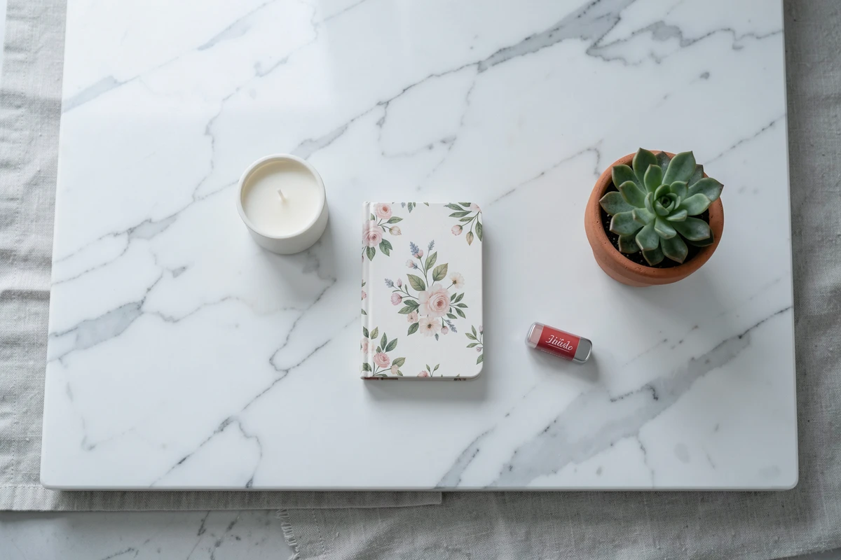 Sélection de petits cadeaux pour femme à moins de 5 euros disposés en flat lay sur marbre blanc