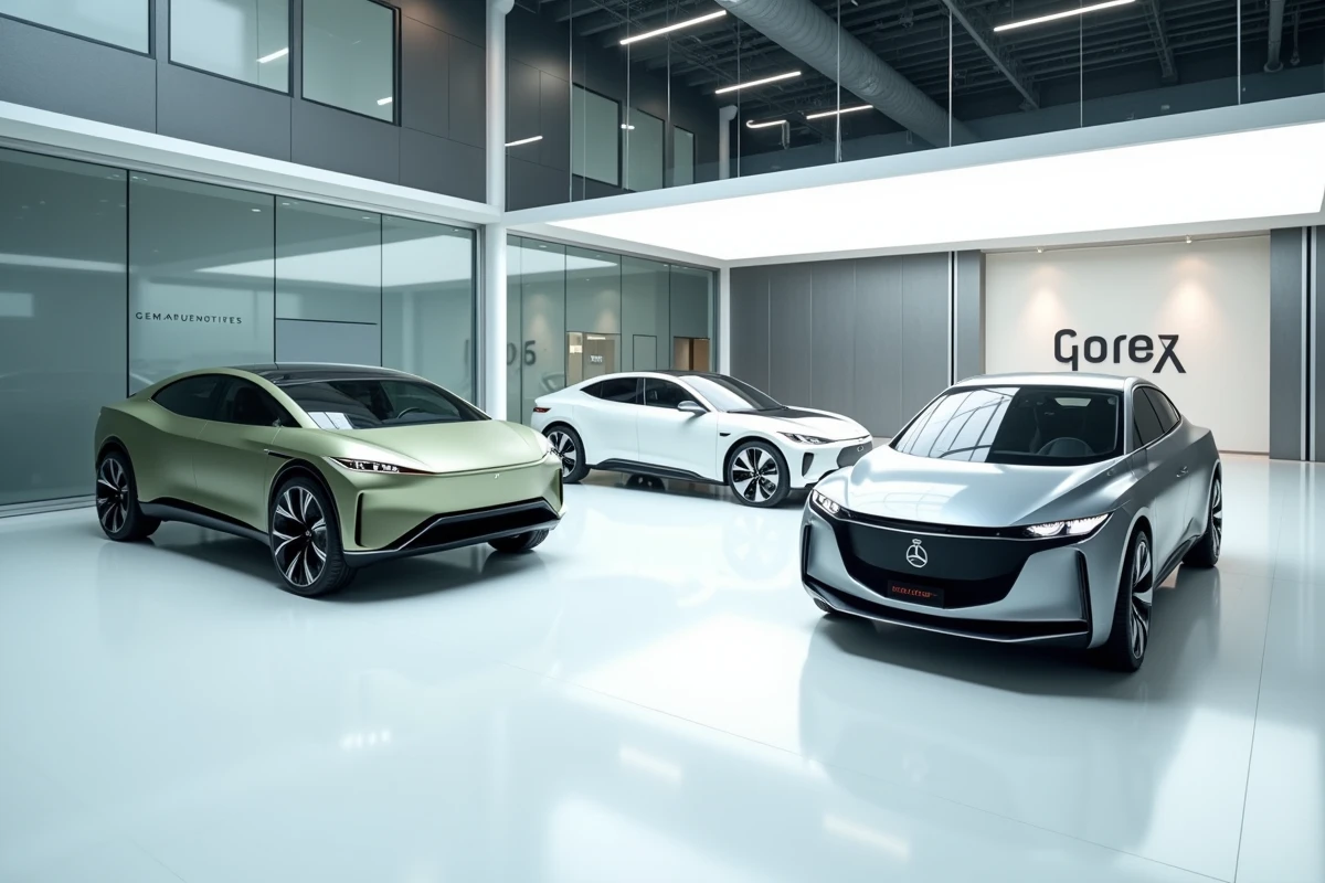 Showroom de voitures concept illustrant les technologies automobiles de demain : électrique, hydrogène et autonome