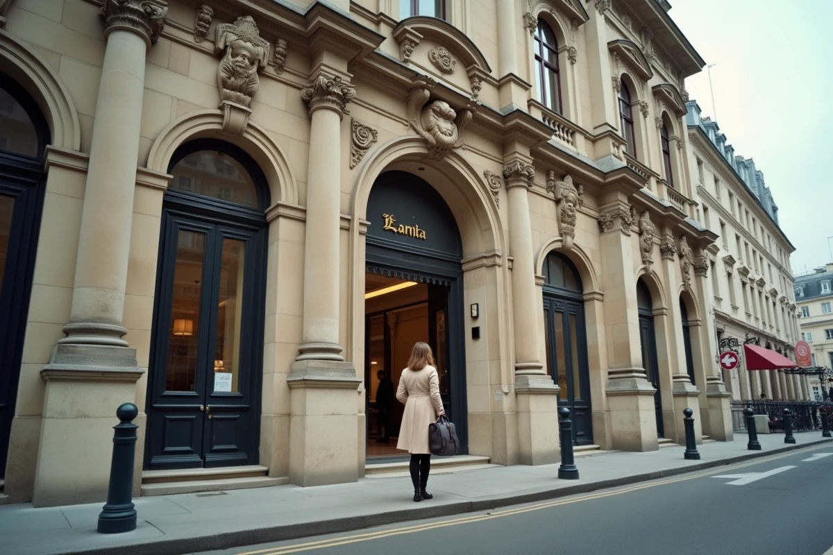 Façade d'un siège social de banque française à Paris avec une femme regardant le bâtiment