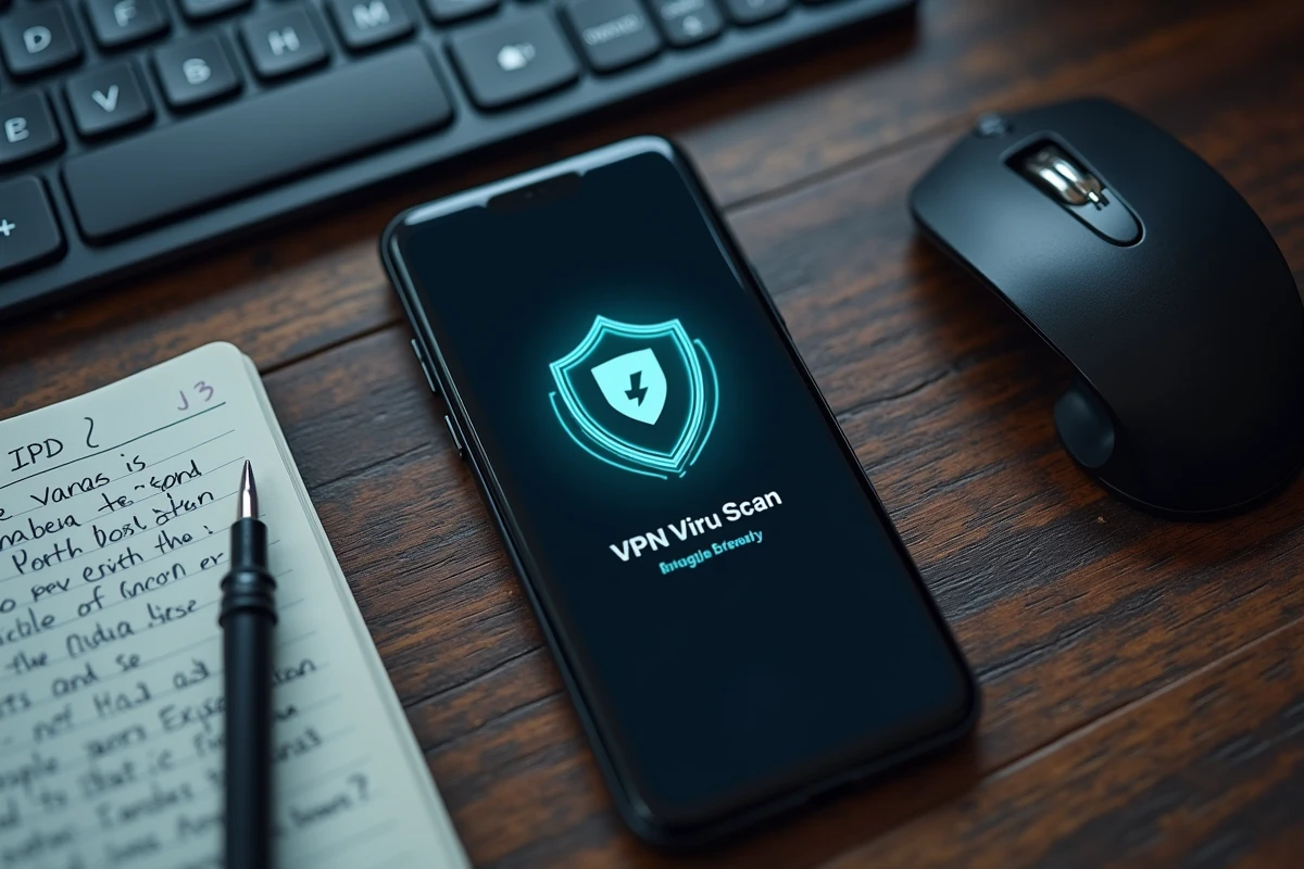 Vue aérienne d'un smartphone affichant une application VPN avec analyse de virus activée sur un bureau en bois