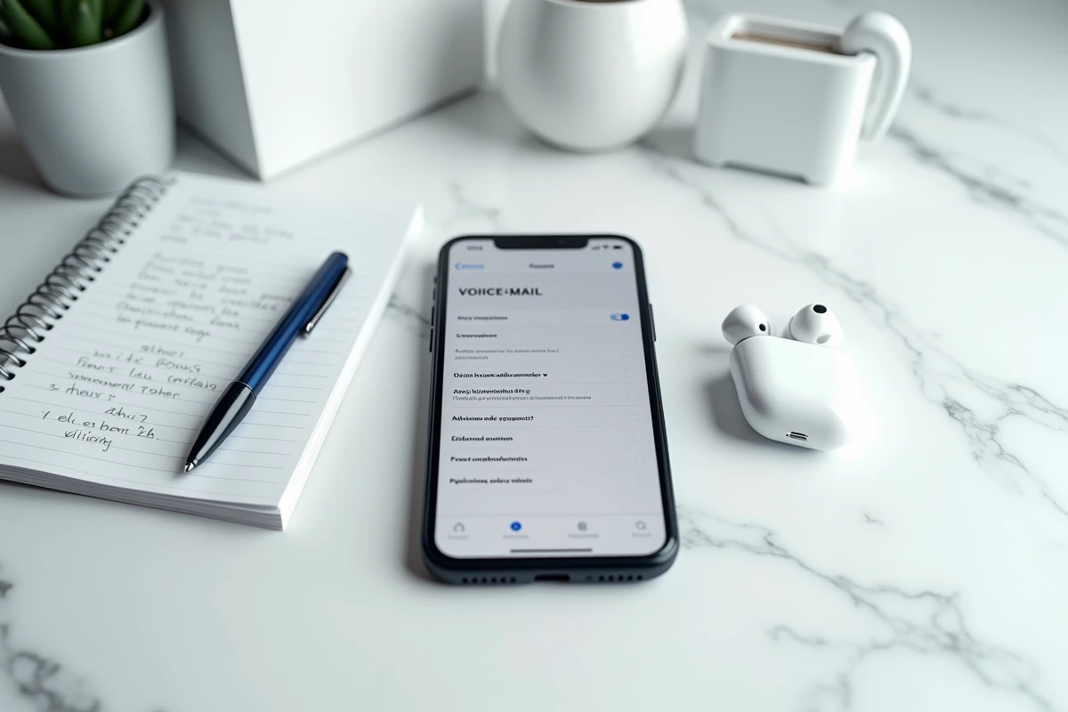 Smartphone affichant les paramètres de messagerie vocale Free Mobile posé sur un bureau en marbre