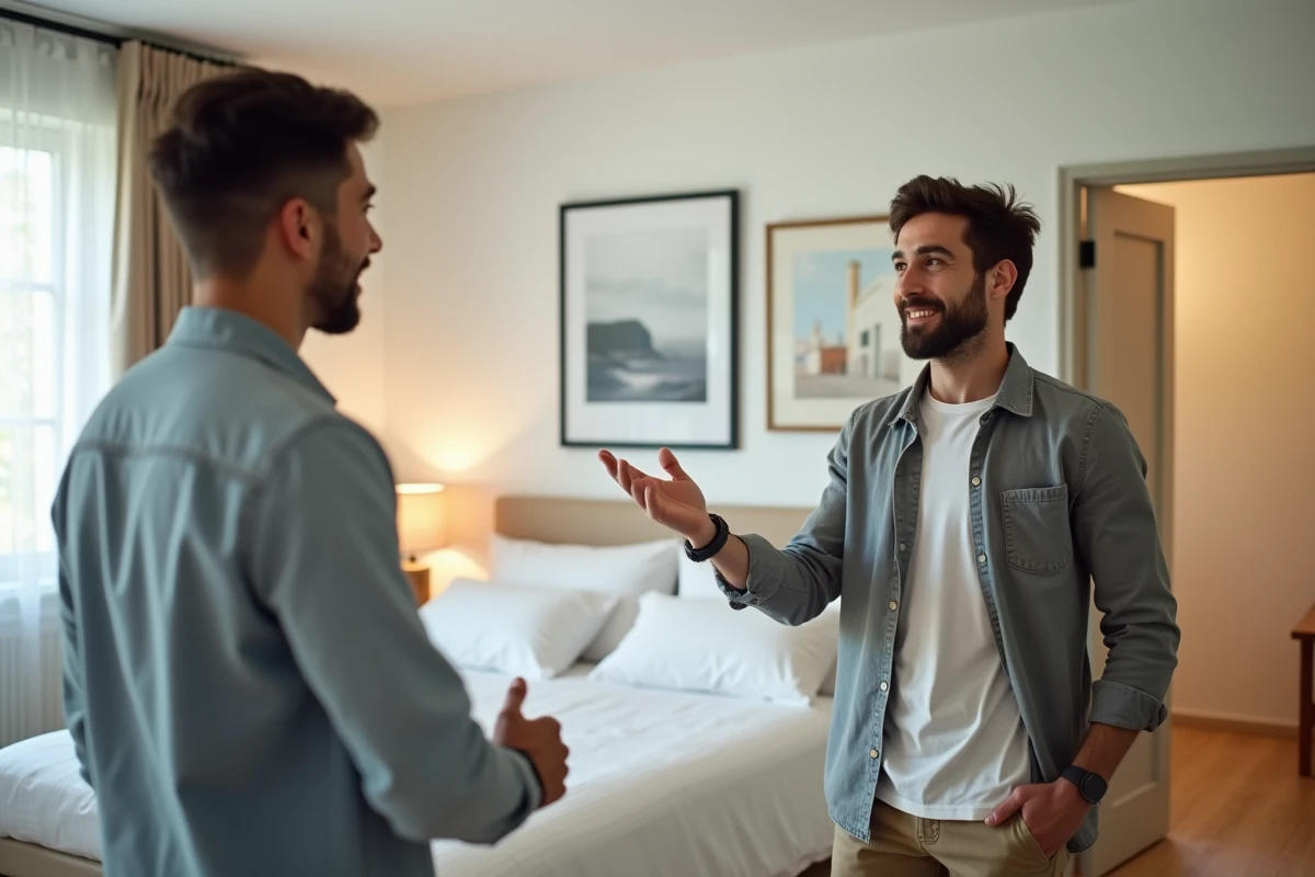Propriétaire présentant une chambre meublée à un sous-locataire potentiel pour amortir son loyer