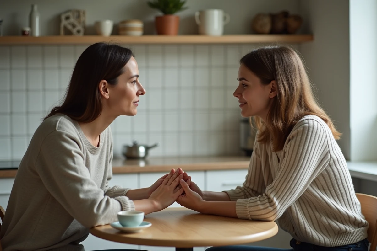 Deux femmes se tenant les mains autour d'une table de cuisine, moment d'écoute et de soutien émotionnel
