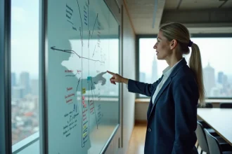 Femme d'affaires présentant une stratégie de développement en quatre quadrants sur un tableau blanc en salle de réunion moderne