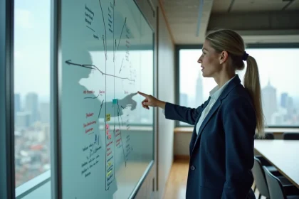 Femme d'affaires présentant une stratégie de développement en quatre quadrants sur un tableau blanc en salle de réunion moderne